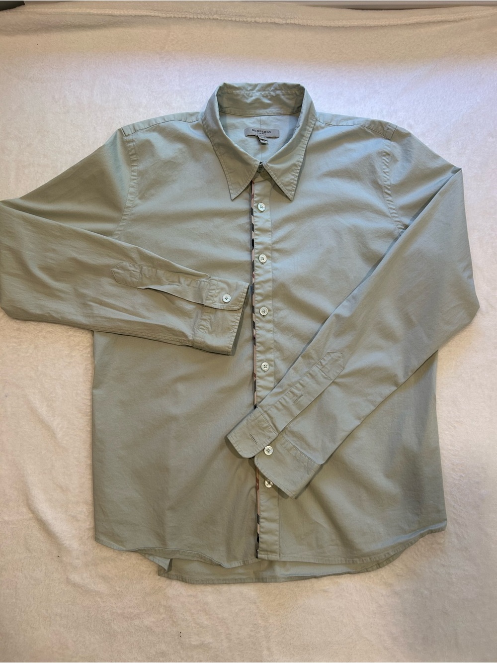 Burberry London Women’s XL Sage Green Stretch Cotton Check Trim Button Down
